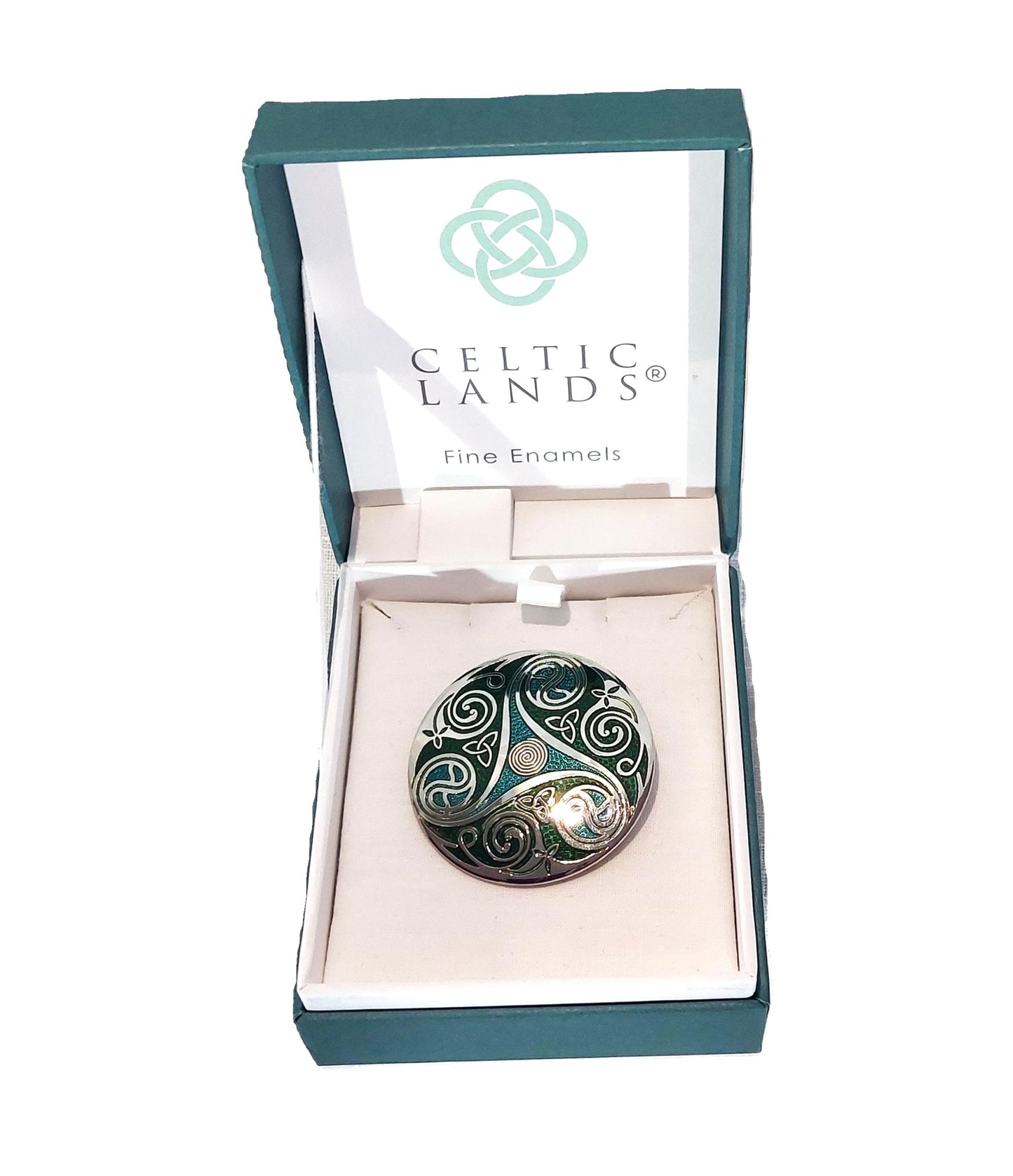 Celtic Lands Triskelion Glass Enamel Brooch Circle (Green)