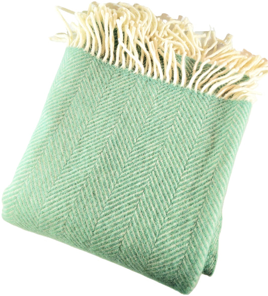 British Made Woollen Blanket Green & Cream (Herringbone)